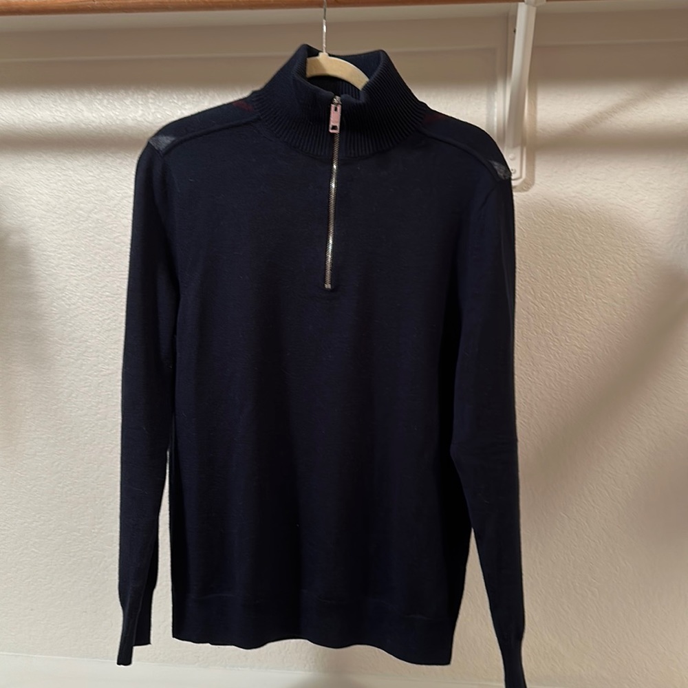 Burberry Half Zip Sweater - Wool - Light Weight - Navy w Shoulder Pattern - Med